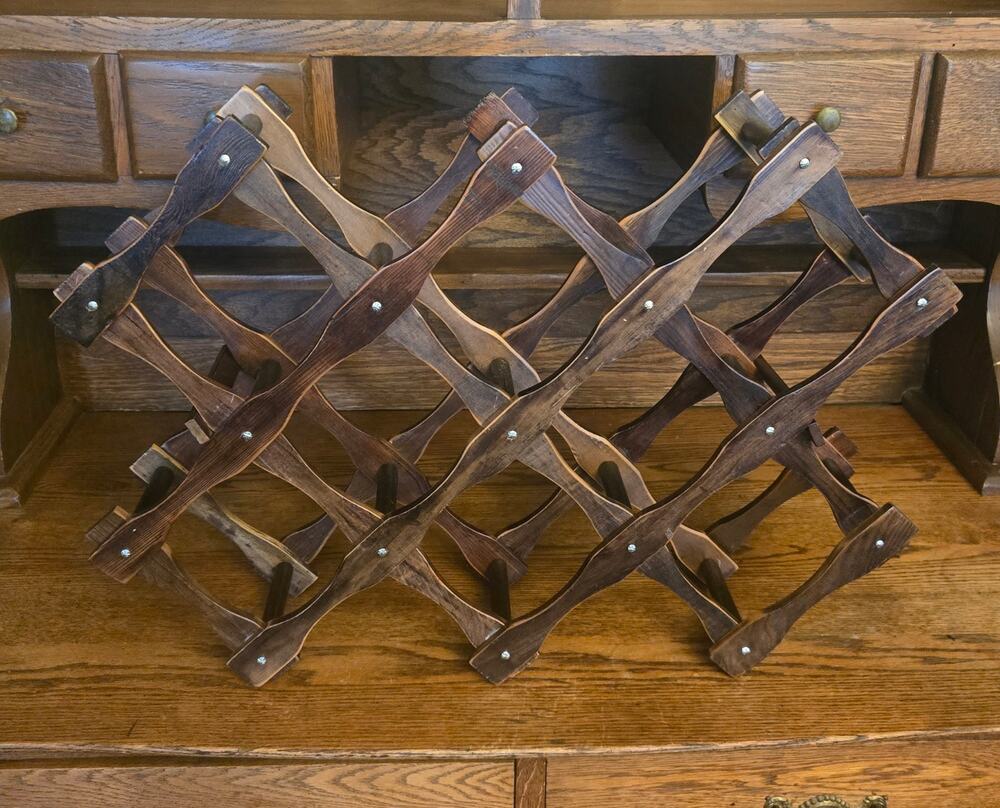 Vintage Mid Century Modern Folding Accordion Solid Wood Wine Rack MCM 10 Bottles